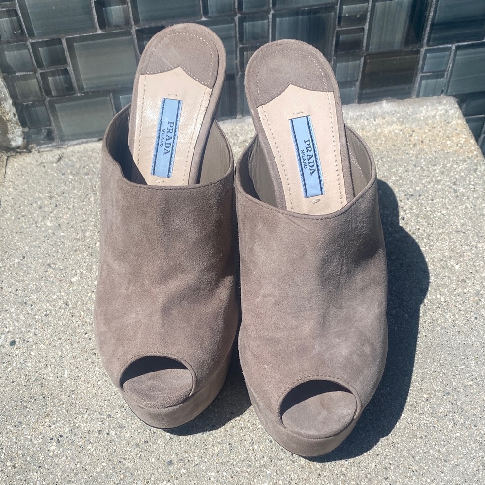 Prada Grey Suede Peep-Toe Platform Mules